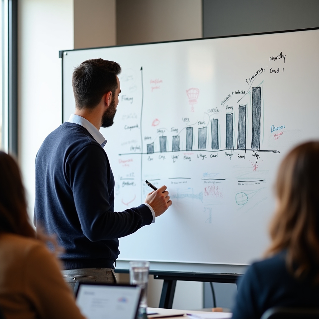 Cash flow planning workshop showing participants working with monthly financial projections on whiteboards