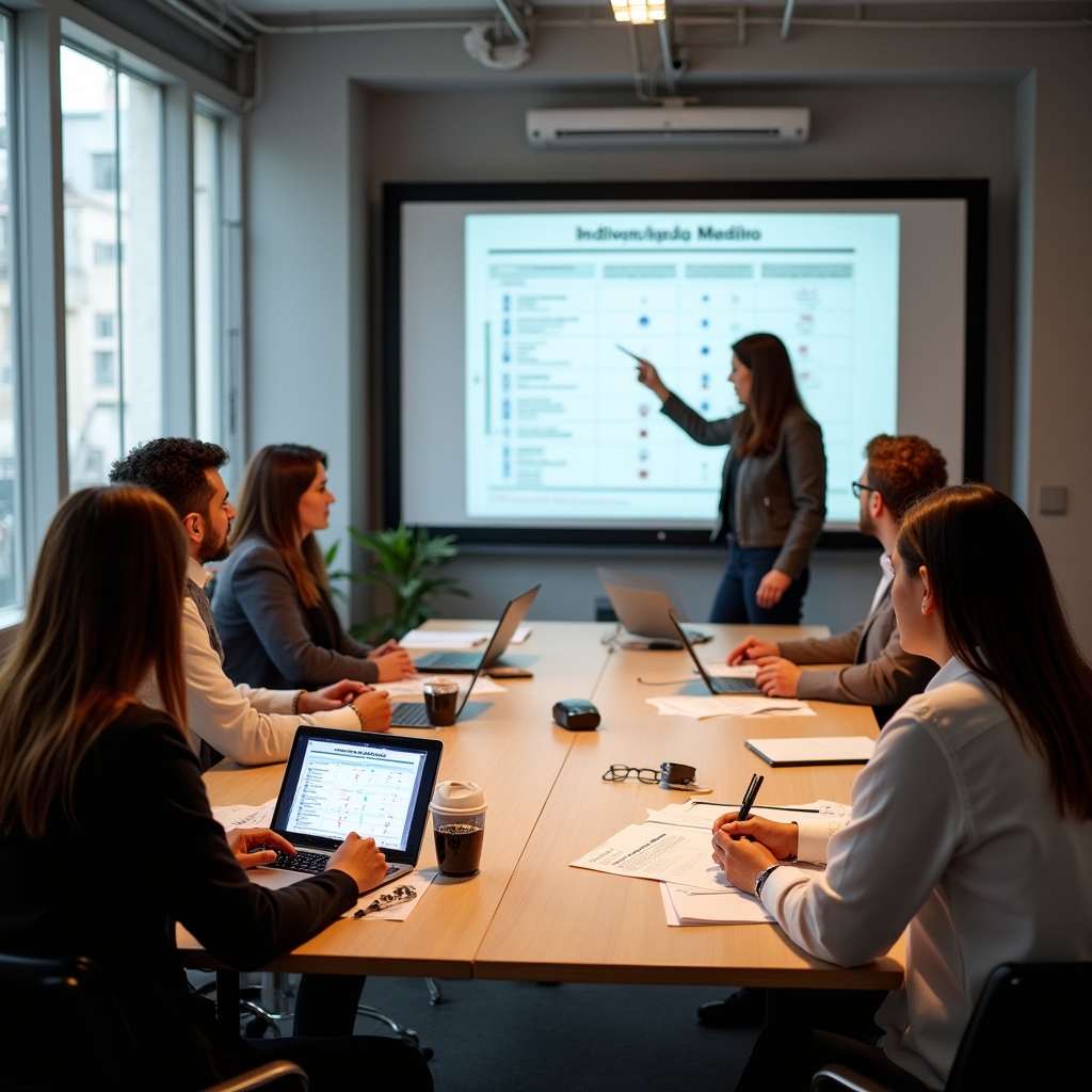 Workshop session with Argentine SME owners learning about financing structures in a meeting room